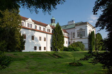 Classicist-style manor house and castle in Topolcianky park. Slovakia.