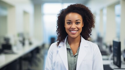 Doctor woman in white lab coat , smile and look at the camera