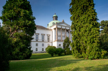 Classicist-style manor house and castle in Topolcianky park. Slovakia.