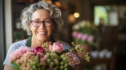 Elder woman florist holding a bouquet in her shop
