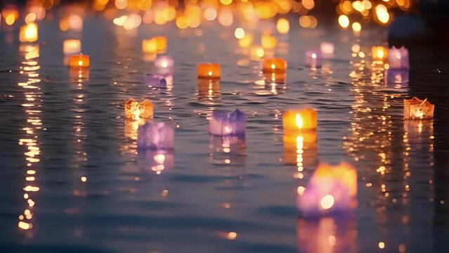 Closeup of the lanterns being released onto the water, their colorful reflections creating a picturesque view.