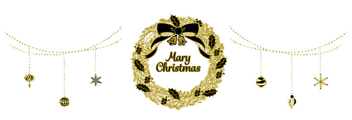 手描きの伝統的なクリスマスリースと壁面飾りオーナメント　ゴールド/黒/横長
