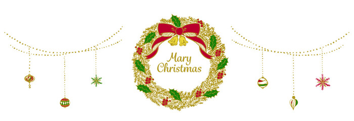 手描きの伝統的なクリスマスリースと壁面飾りオーナメント　ゴールド/カラー/横長