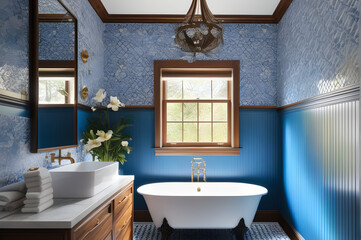 interior with shower blue and white bathroom
