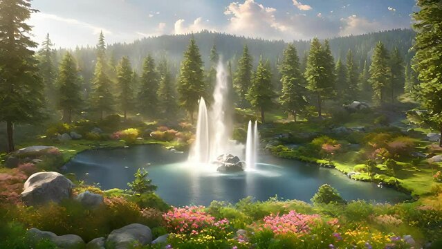 Nestled heart forest lies Glimmering Geyser Grove, peaceful oasis where nature magic collide. Vibrant flowers grassy banks winding river, while glistening geysers steam 2d animation