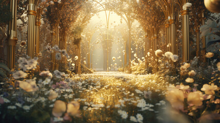 A garden decorated with flowers and gold glitter.