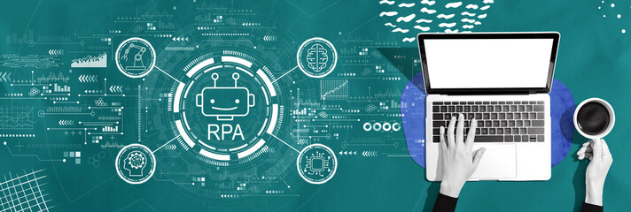 Robotic Process Automation RPA theme with person using a laptop computer