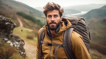Man Hiking in Mountain: Adventurous Solo Traveler Trekking on Rugged Trail with Scenic Nature Views