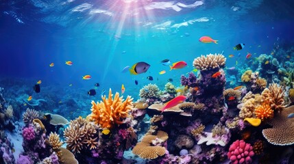 Naklejka na ściany i meble Tropical sea underwater fishes on coral reef. Aquarium oceanarium wildlife colorful marine panorama landscape nature snorkel diving Generative Ai