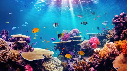 Fototapeta na wymiar Tropical sea underwater fishes on coral reef. Aquarium oceanarium wildlife colorful marine panorama landscape nature snorkel diving Generative Ai