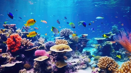 Naklejka na ściany i meble Tropical sea underwater fishes on coral reef. Aquarium oceanarium wildlife colorful marine panorama landscape nature snorkel diving Generative Ai