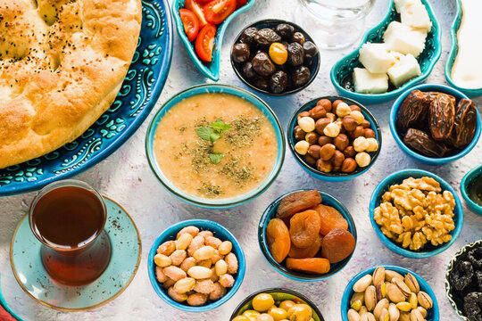 Traditional Turkish Ramadan starter menu with ramadan bread and soup