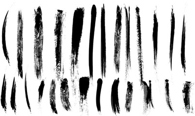 set Abstract black long textured strokes of paint, set brush strokes, Vector drawing clear black smears thick ink on white paper