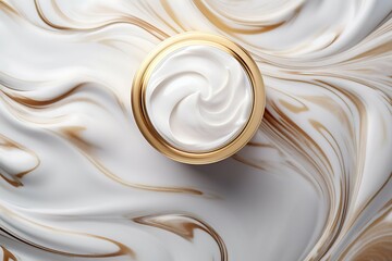 close up detail of open golden jar of luxury cream on a marble table, cosmetics ad, flat lay, top view