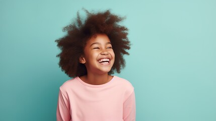 Laughing Black Girl isolated on Minimalist Background. DEIB, Diversity, Equity, Inclusion, Belonging
 - obrazy, fototapety, plakaty