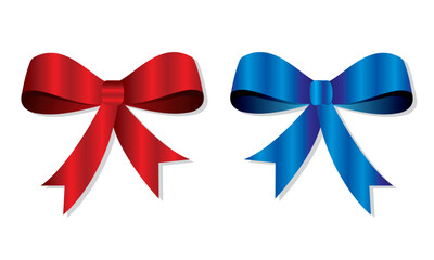 Ribbon design. Realistic bow set.  Shiny red, blue  satin bow on white background. Colorful realistic satin bows isolated on white background.