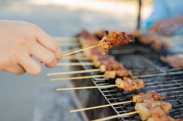 Yummy Thai grilled pork skewer. Thai street food, Thai food concept.