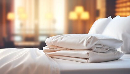 stack of hotel bedsheet on a bed with hotel room - obrazy, fototapety, plakaty