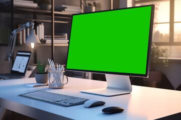 work desk with green screen monitor - obrazy, fototapety, plakaty