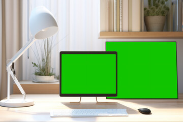 work desk with green screen monitor