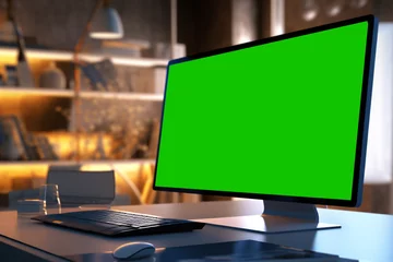 Foto op Plexiglas work desk with green screen monitor © Syukra