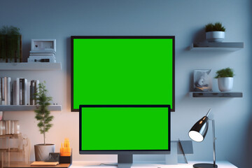 work desk with green screen monitor