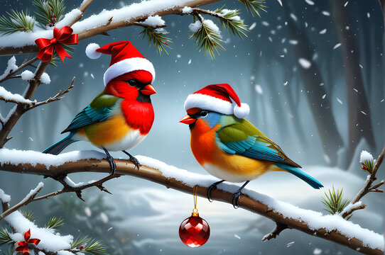 red cardinal birds in winter christmas