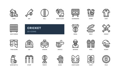 cricket sport game competition detailed outline line icon set - obrazy, fototapety, plakaty