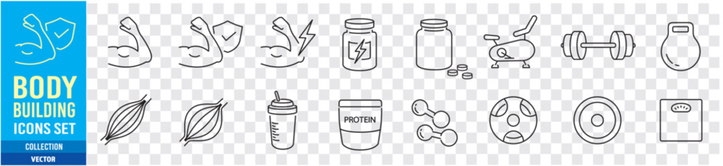 Protein, Gym, Bodybuilding, Fitness, Health, Muscle editable stroke icons set collection vector