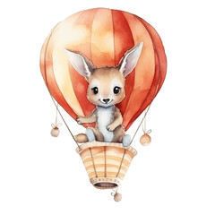 Adorable Kangaroo Hot Air Balloon Watercolor Clipart for Joyous Baby Celebrations, Perfect for 1st Birthday, Nursery Decor, isolated on transparent background
