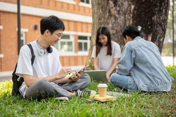 Fototapeta na wymiar A male college student is using his digital tablet while sitting in a campus park with his friends.