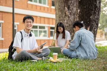 A positive Asian male student with his tablet is sitting on grass in a campus park with his friends.