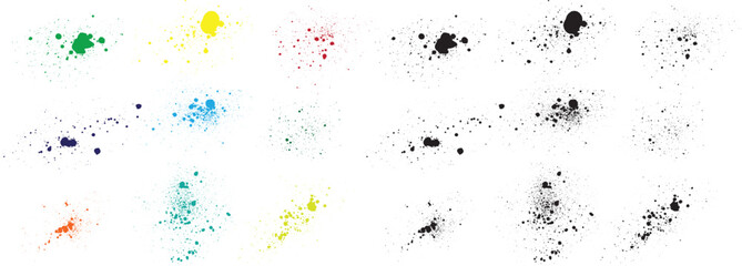 Fototapeta premium Collection of messy paint brush stroke background. Set of isolated textured paint brush stroke splatter. Black red orange green yellow blue purple pink wheat color grunge texture collection