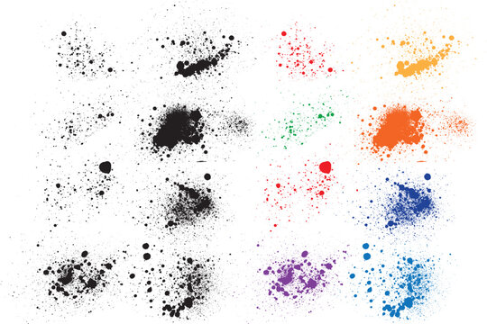Isolated drip dirty isolated shape vector background collection. Splattered set of paint splatter drip background. Black red orange green yellow blue purple pink wheat color grunge texture collection