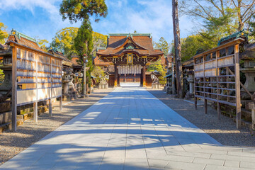 Kitano Tenmangu Shrine in Kyoto is one of the most important of several hundred shrines across Japan dedicated to Sugawara Michizane, a scholar and politician - obrazy, fototapety, plakaty