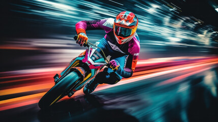 Bicyclist in uniform with helmet on cycle track, fast motion, motion blur