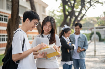 Positive Asian female and male college friends are discussing about a project while standing outside