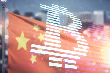 Virtual Bitcoin hologram on flag of China and blurry cityscape background. Multiexposure