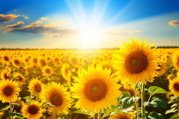 illustration of beautiful sunflower scenery with fresh morning sun cartoon style