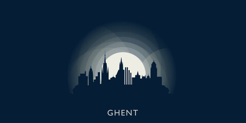 Ghent cityscape skyline city panorama vector flat modern banner illustration. Belgium region town emblem idea with landmarks and building silhouettes at sunrise sunset night