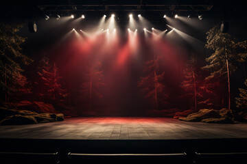 Theater stage light background with spotlight illuminated the stage for opera performance. Empty stage with warm ambiance colors, fog, smoke, backdrop decoration. Entertainment show. - obrazy, fototapety, plakaty