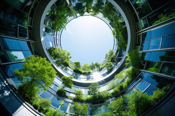 Eco-friendly building in the modern city. Sustainable glass office building with tree for reducing carbon dioxide. Office building with green environment. Corporate building reduce CO2. - obrazy, fototapety, plakaty