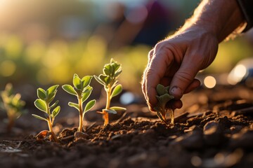 hand of a man planting a plant in soil