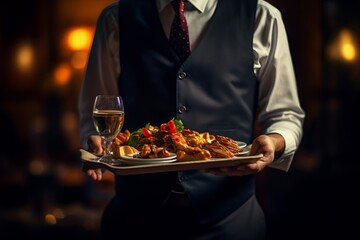 Waiter carrying a tray of food with a glass of white wine 
