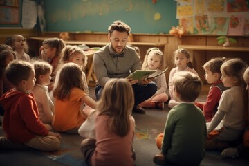 A teacher is telling a story to a group of kids / children in a classroom 