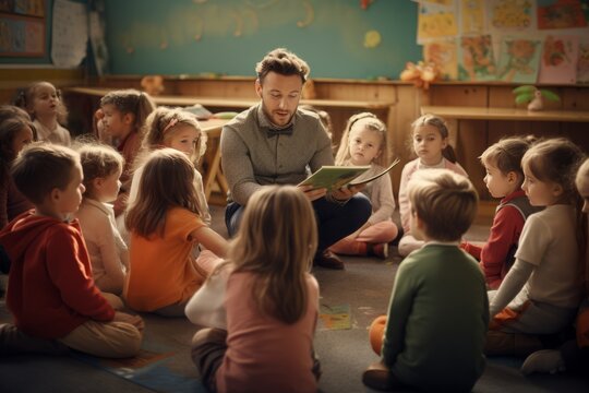 A teacher is telling a story to a group of kids / children in a classroom 