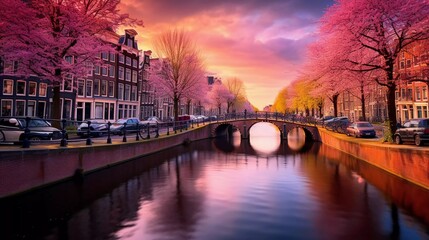 Obraz premium photo reality Colorful spring sunset on Amsterdam canals. Original Dutch architecture in the capital, a very impressive view