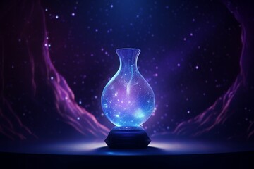 A cosmic navy blue billboard against a cosmic violet background, showcasing an ethereal vase and a...
