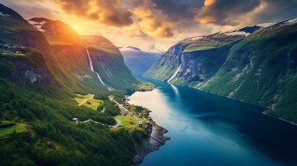 reality photo Beautiful summer sunset in the fjord canyon Sunnylvsfjorden, location of the village of Geiranger, western Norway, a very stunning view