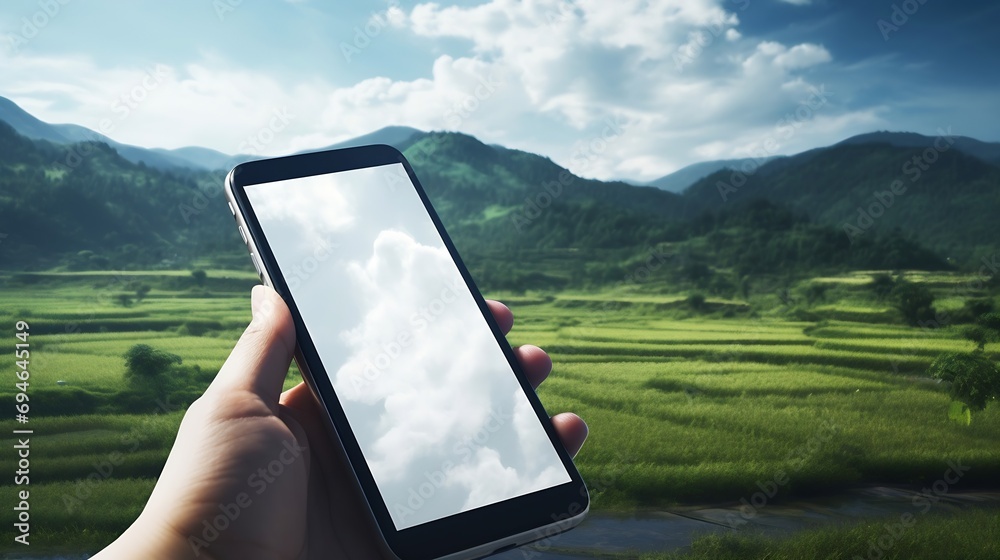 Poster generative ai : close-up shot of an asian man in using her smartphone